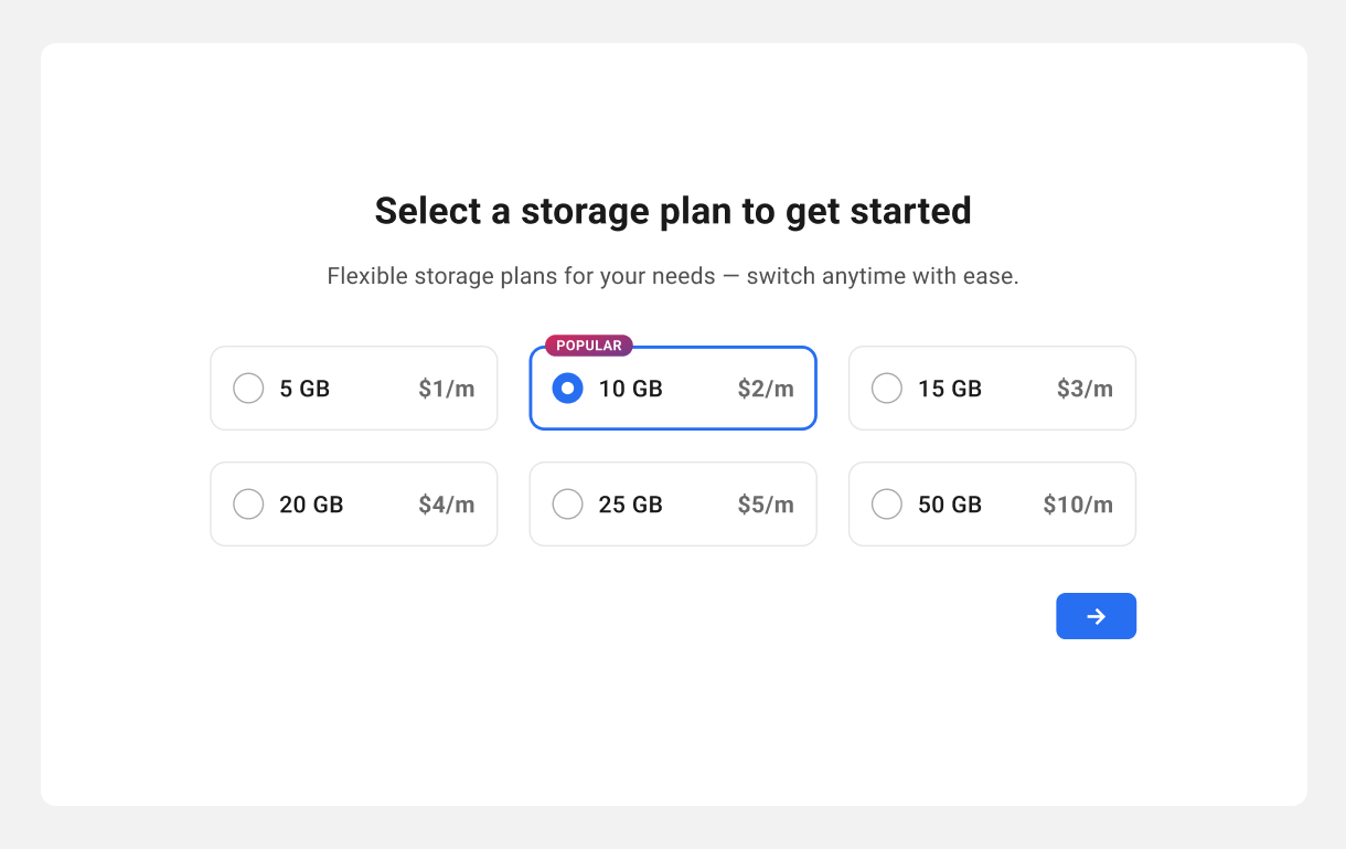 Select the storage plan for your webmail account