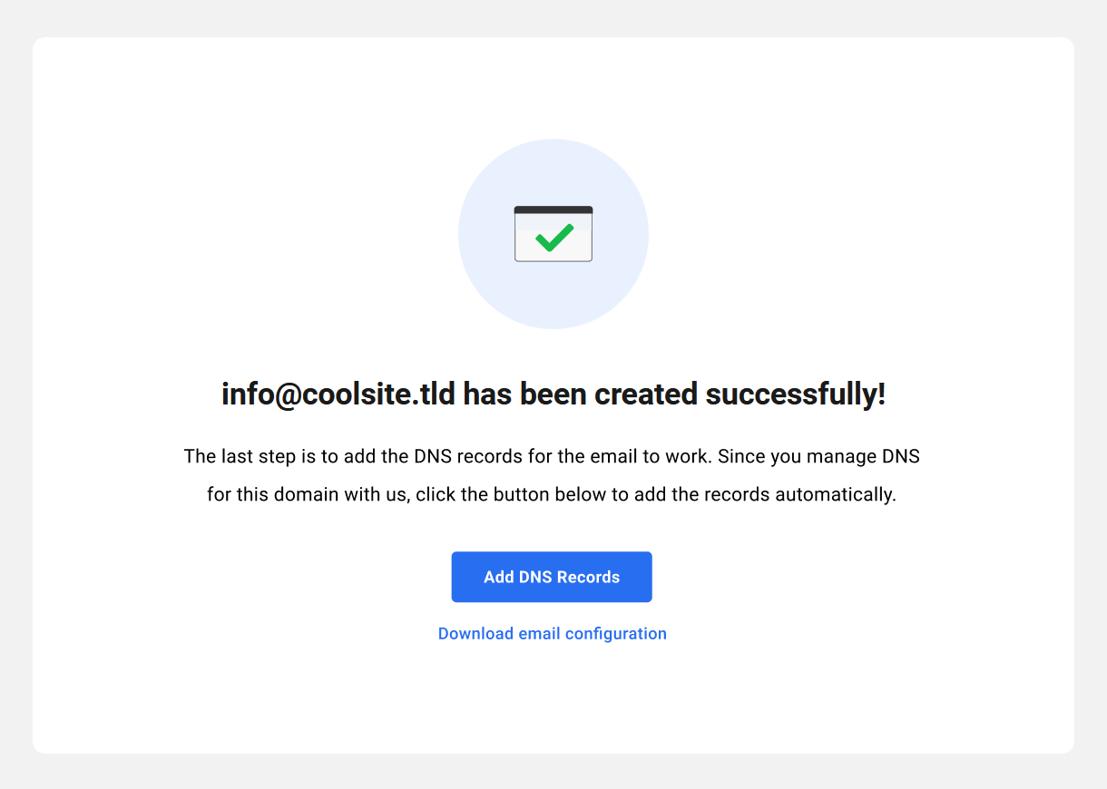 New webmail account created confirmation