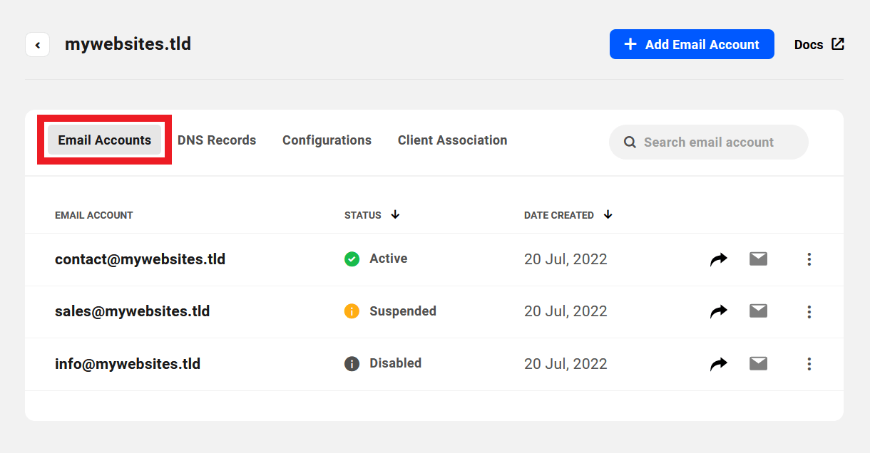 Managing domain email accounts