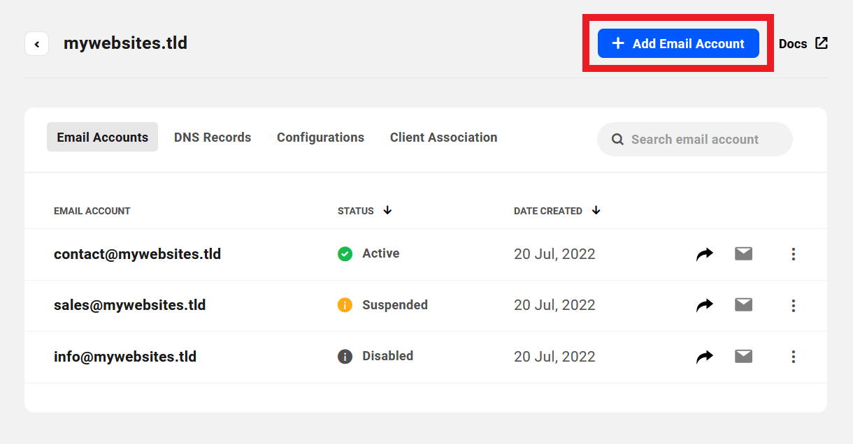 Add a new email account to a webmail domain
