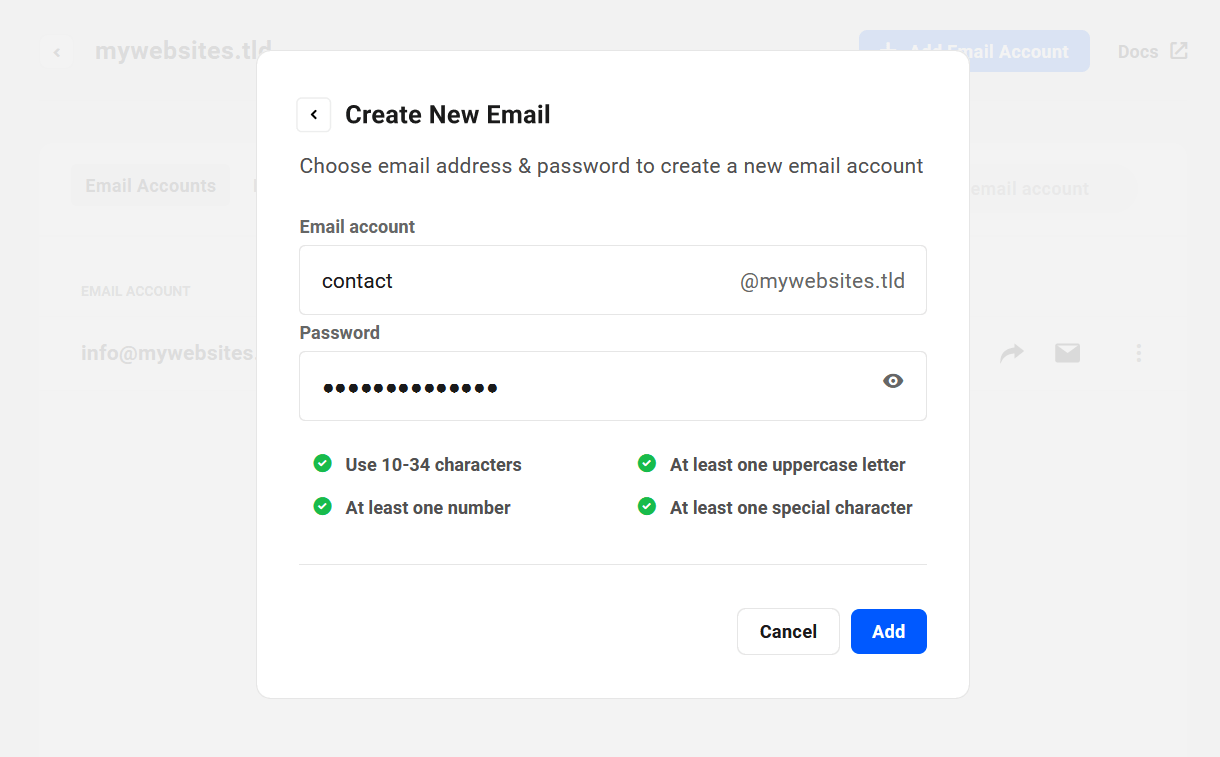 Enter address and password for a new email account