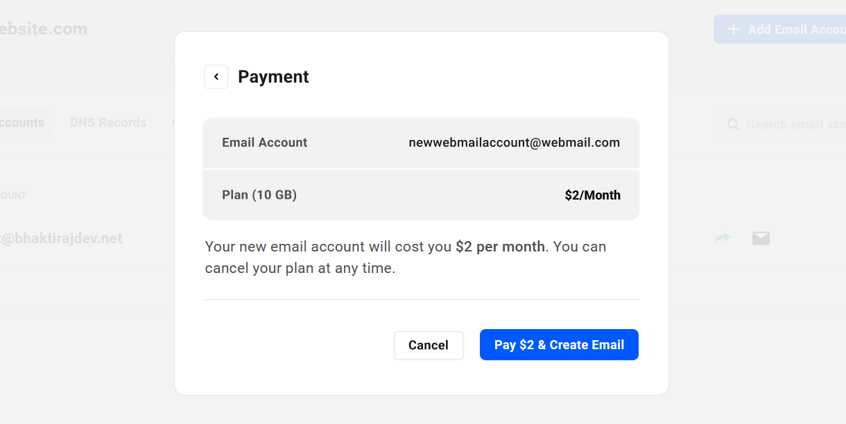 Payment form for a new webmail account