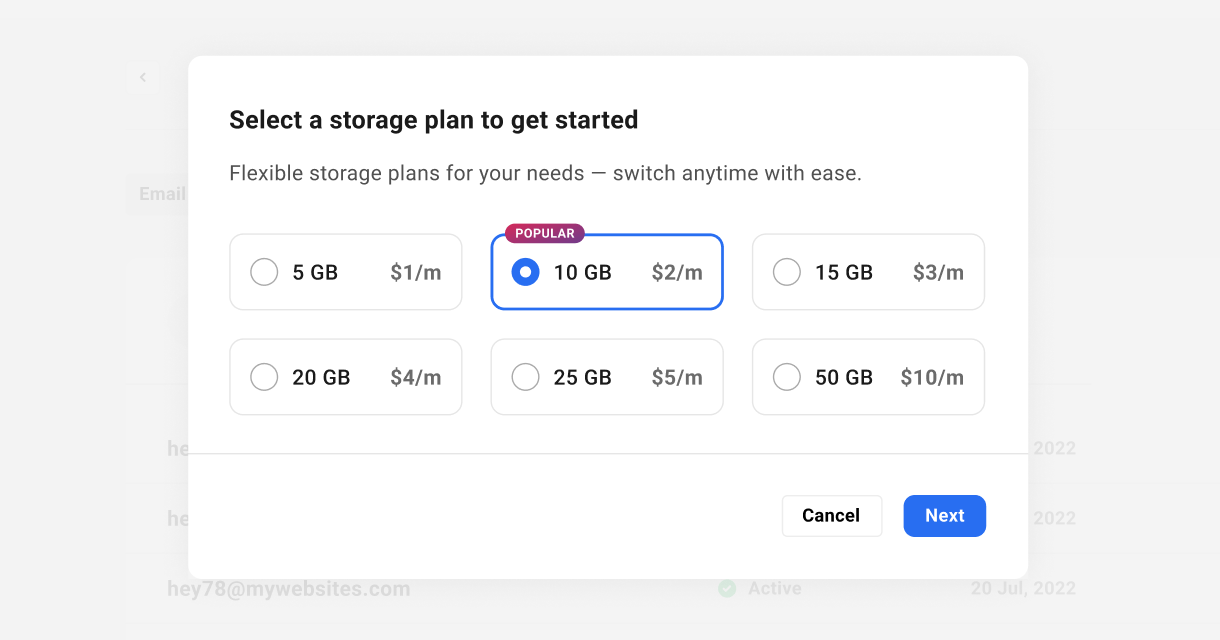 Select the storage plan for your webmail account