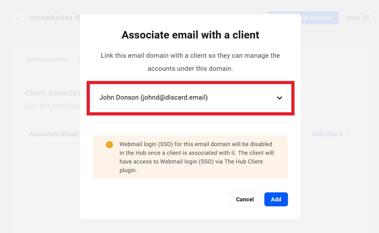 Select client to associate with a webmail domain