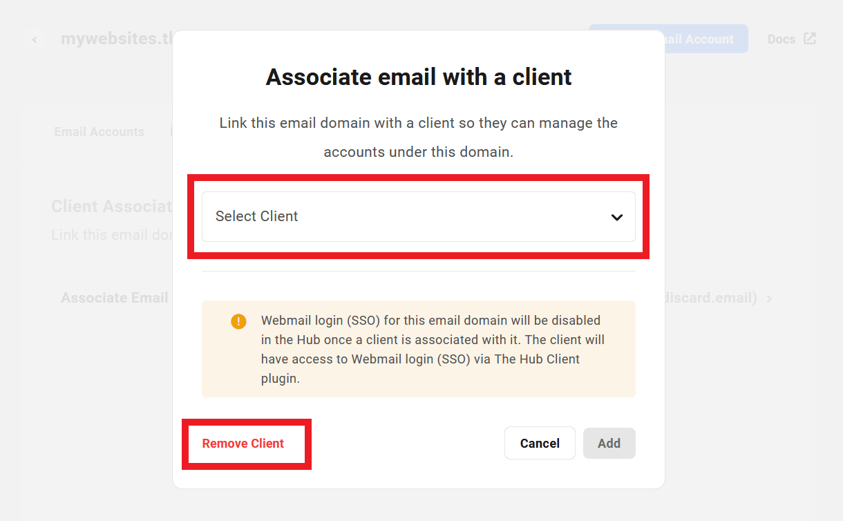 Change or remove the client associated with a webmail domain