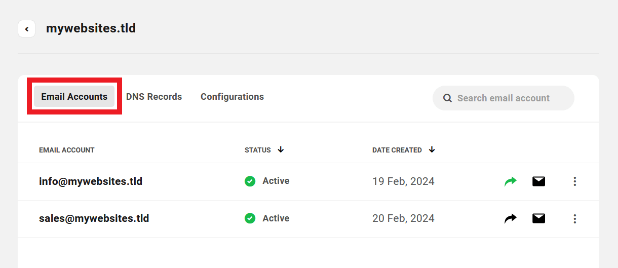 Client view of Webmail accounts in the Hub