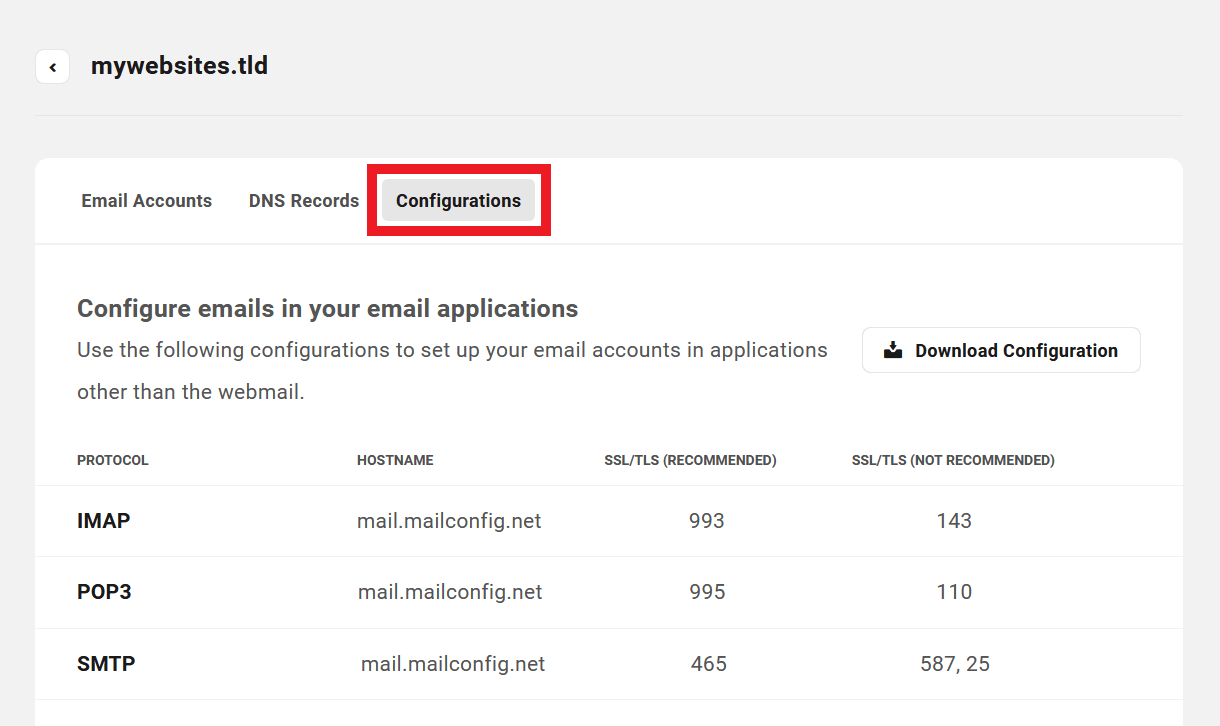 Client view of Configurations screen in the Hub