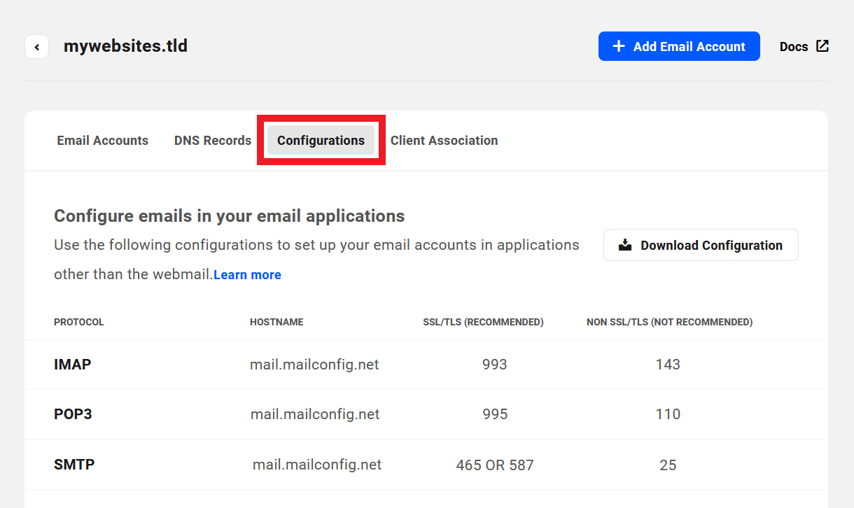 Configuration information for email applications