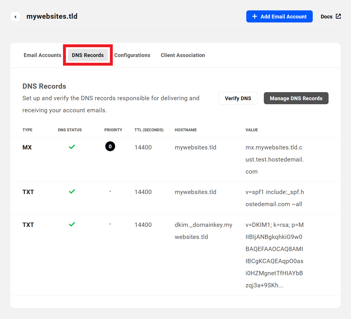Allows the user access to the DNS Records tab for a webmail domain