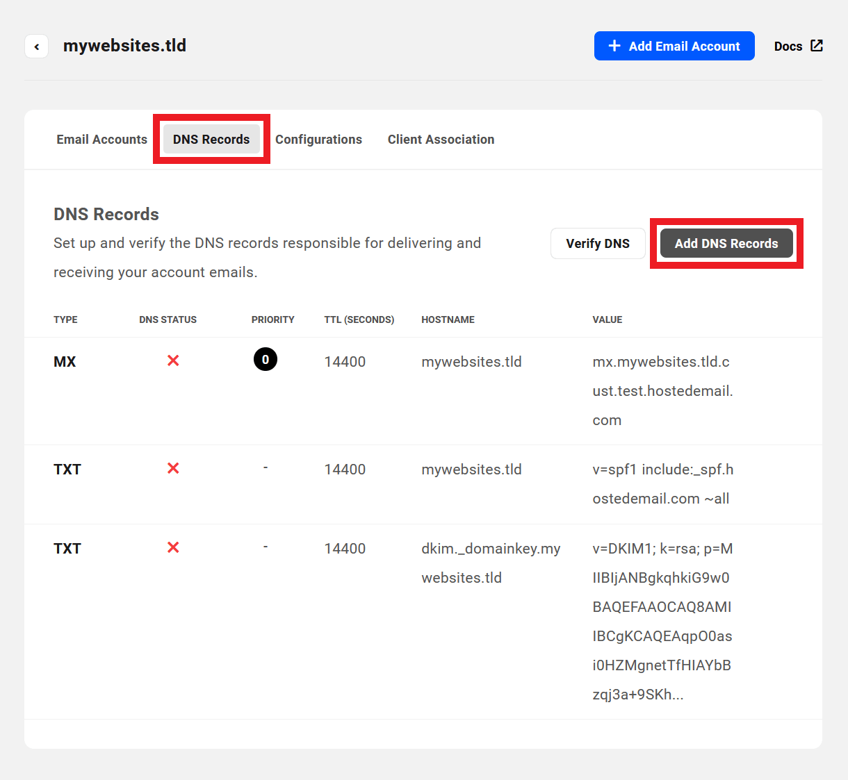 Add DNS records for a webmail domain