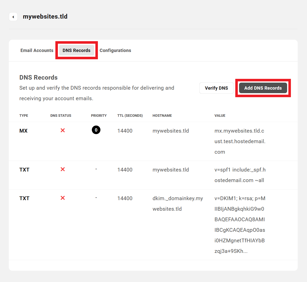 Client view of DNS management screen in the Hub