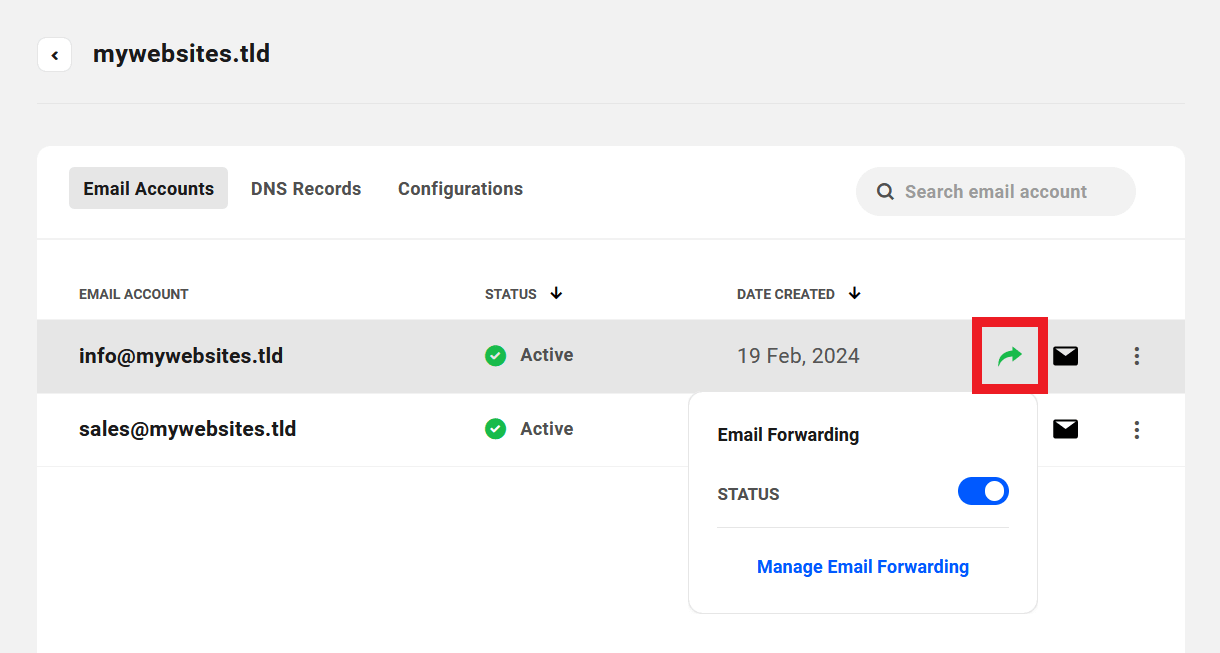 Client view of email forwarding shortcut in the Hub