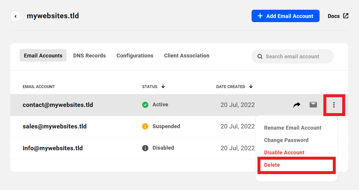 Allows the team member to delete domain email accounts