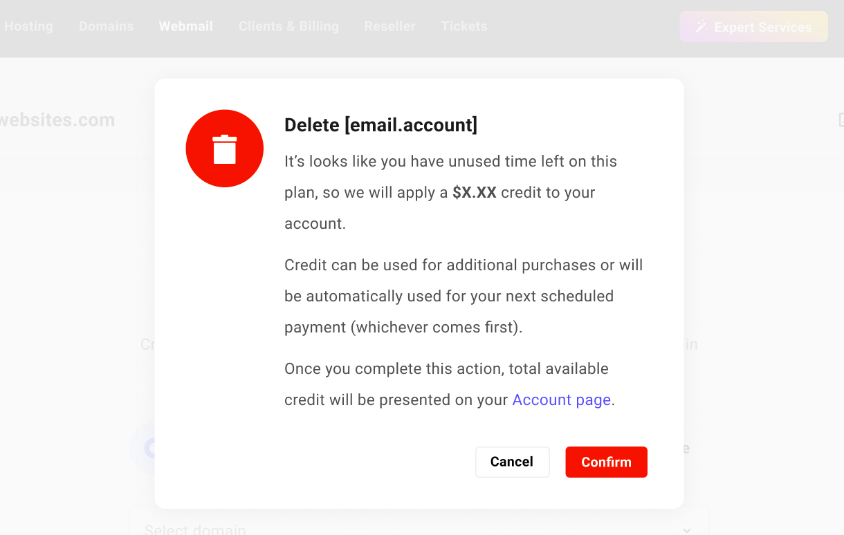 Webmail account payment credit notice