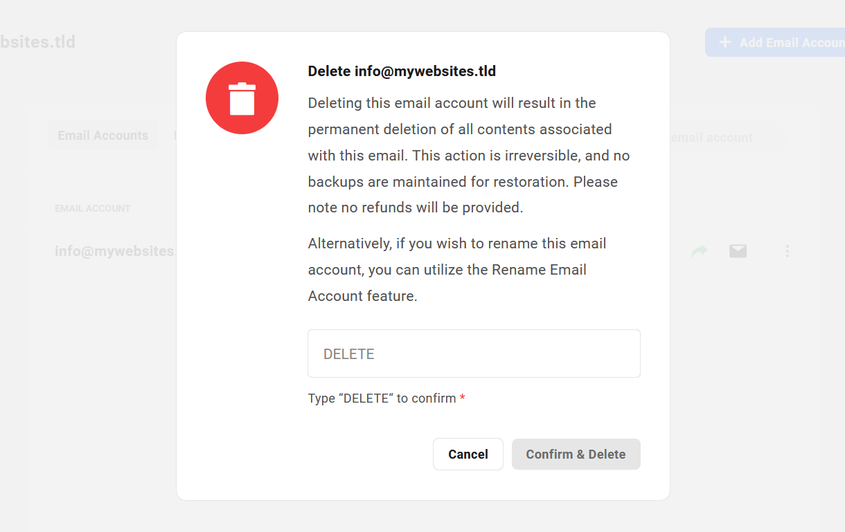 Delete a webmail account