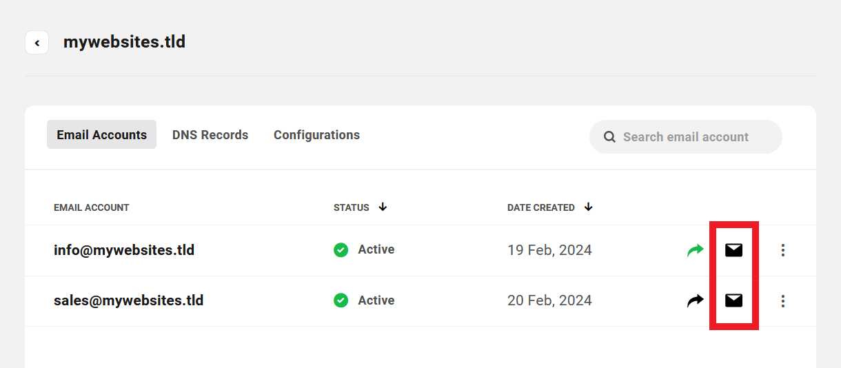 Client view of webmail login shortcut in the Hub