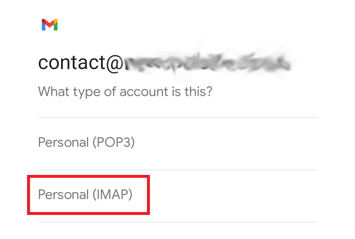 Email account type to add in the Gmail app