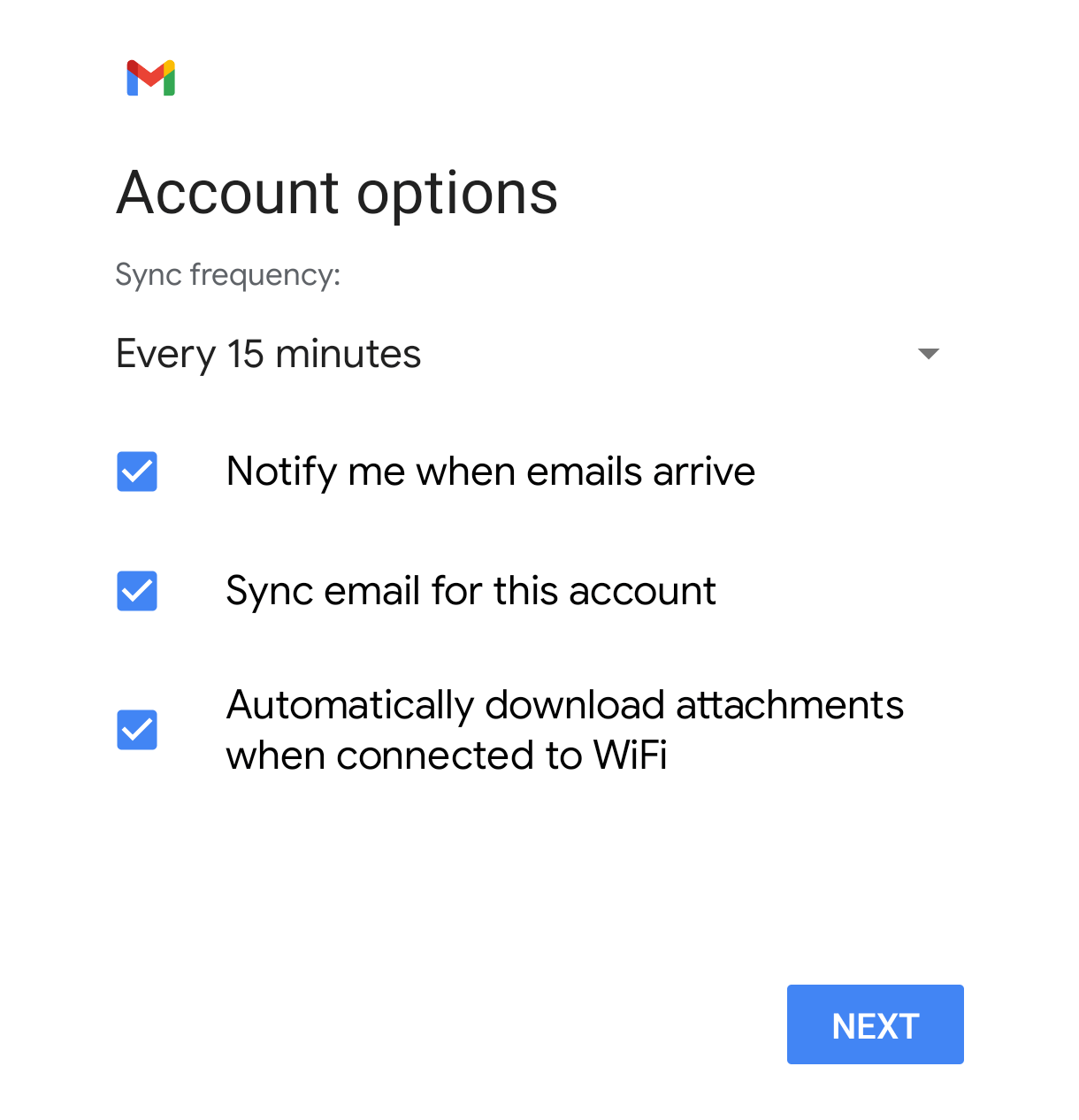 Email account sync options in the Gmail app