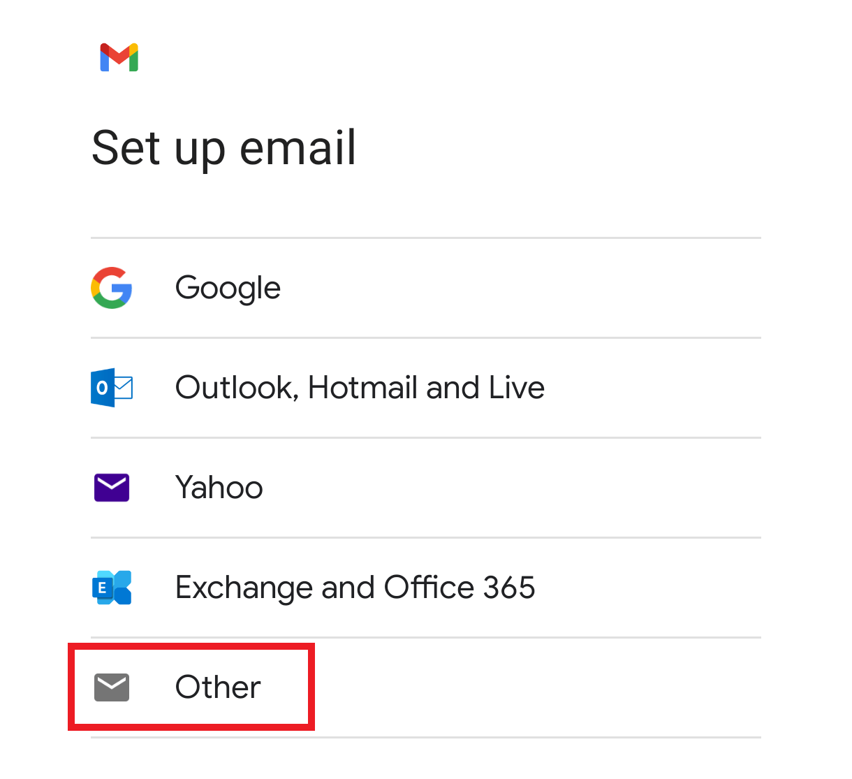 Email account type to add in the Gmail app