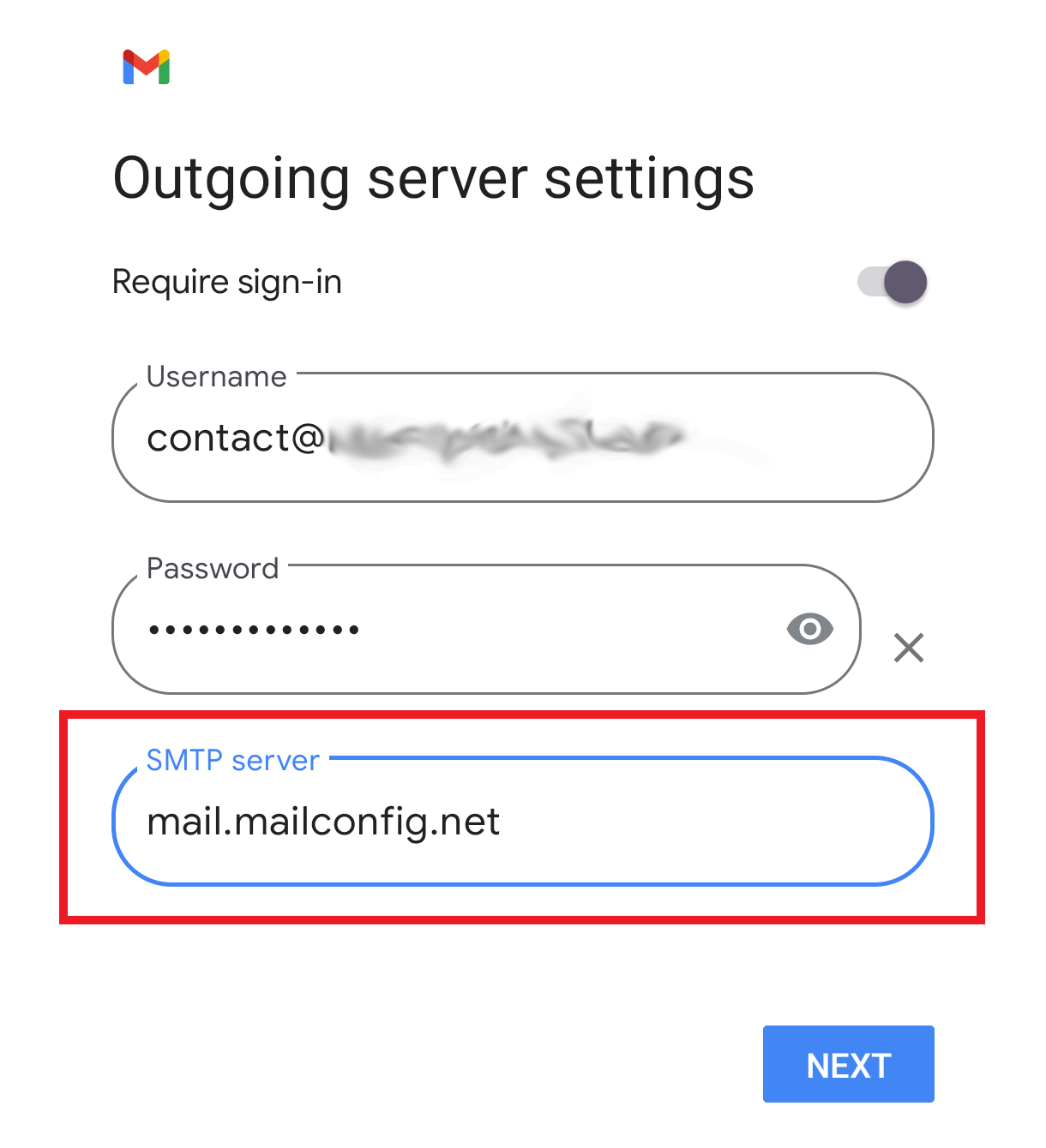 Outgoing server settings in the Gmail app