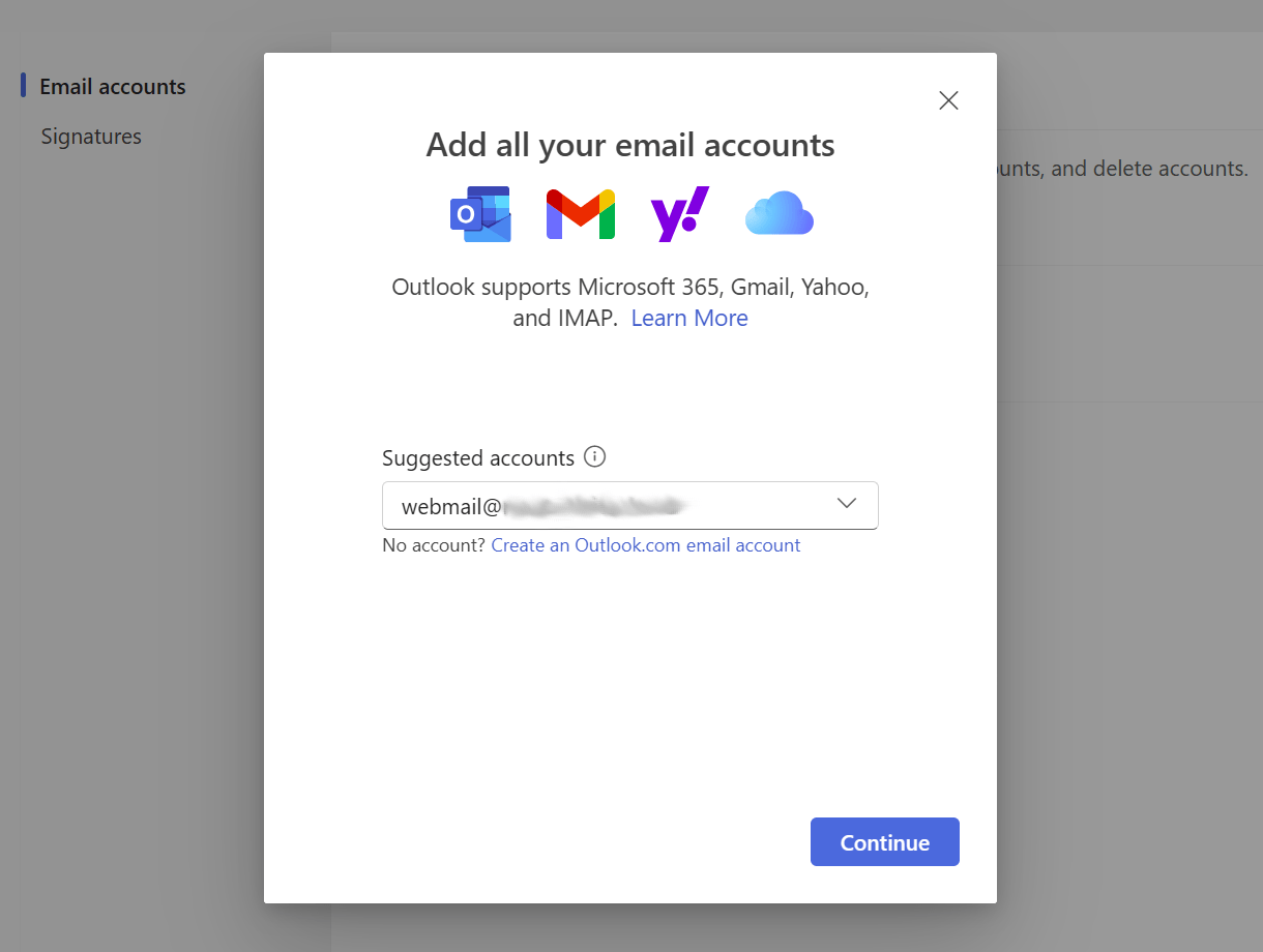 Enter email account to add in Outlook