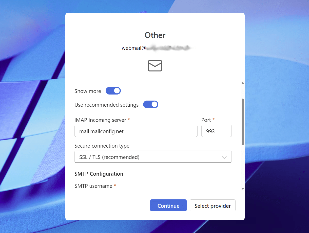 IMAP server configuration in Outlook