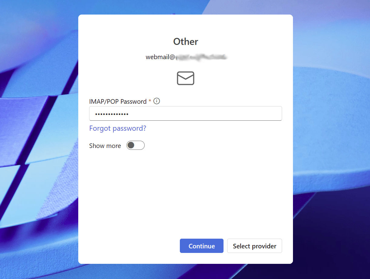 Enter the passowrd of the email account to add in Outlook