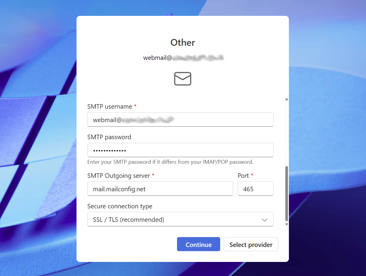 SMTP server configuration in Outlook