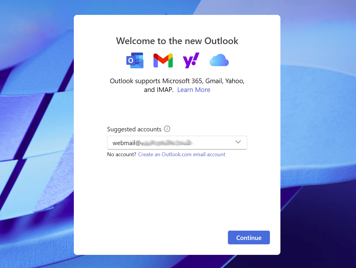 Enter email account to add in Outlook