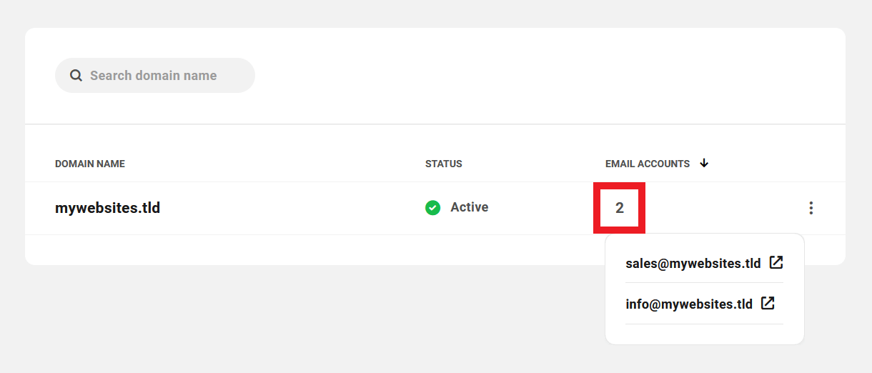 Client view of Webmail accounts in the Hub