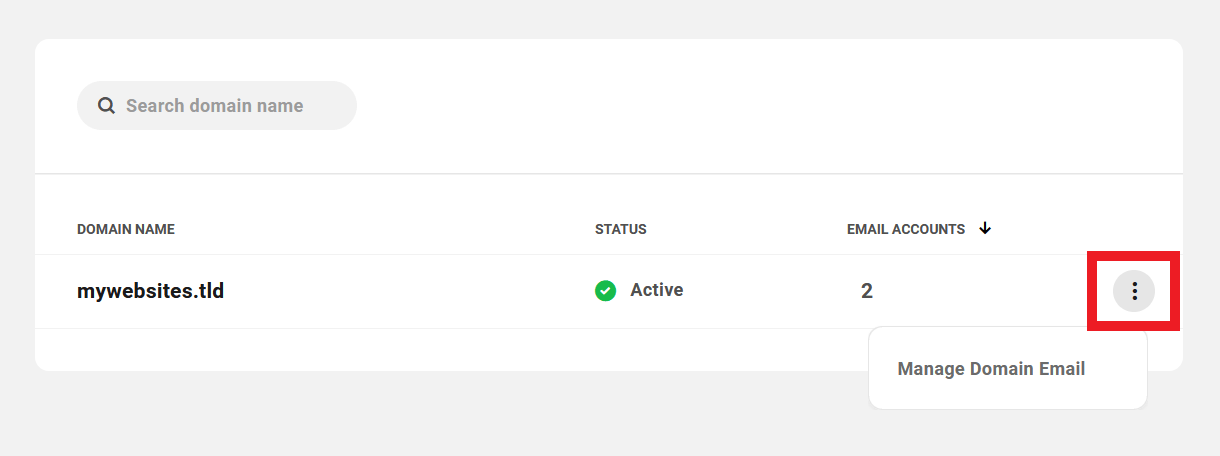 Client view of Webmail account management options in the Hub