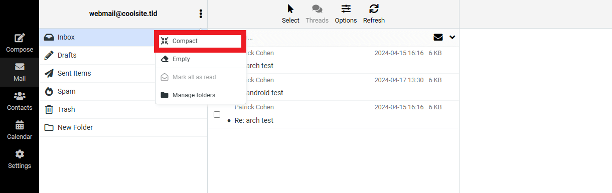 Refresh webmail folder size data