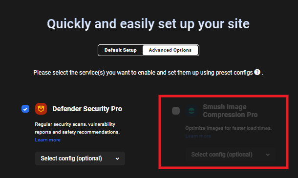 Quick Setup wizard in the Hub showing already active features