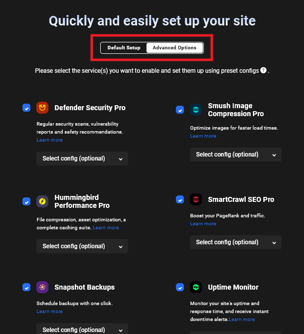 Advanced Quick Setup wizard options in the Hub