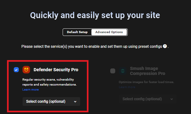 Quick Setup wizard in the Hub showing available features