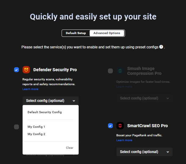 Select a config in the Quick Setup wizard in the Hub