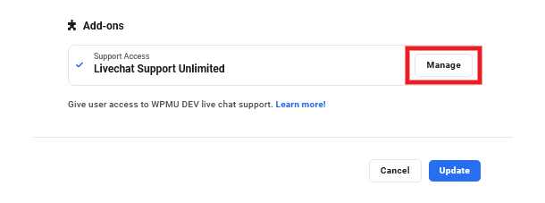 Manage support access add-on for a team member