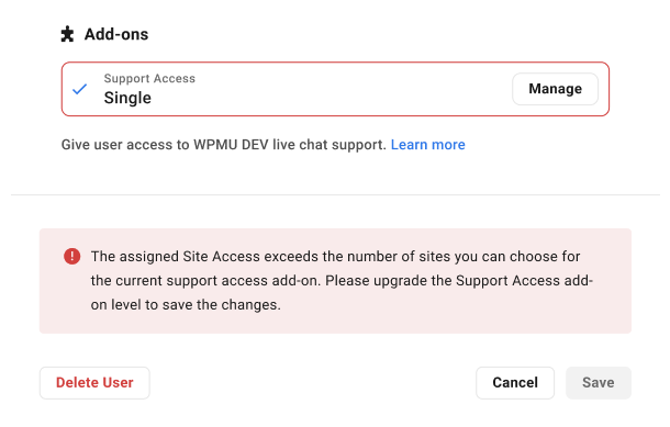 Upgrade add-on notice in team member access modal