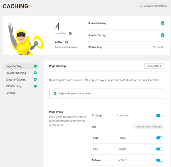 Hummingbird WordPress optimization plugin caching screen.