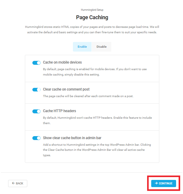 Hummingbird wizard - enabling and disabling page caching options