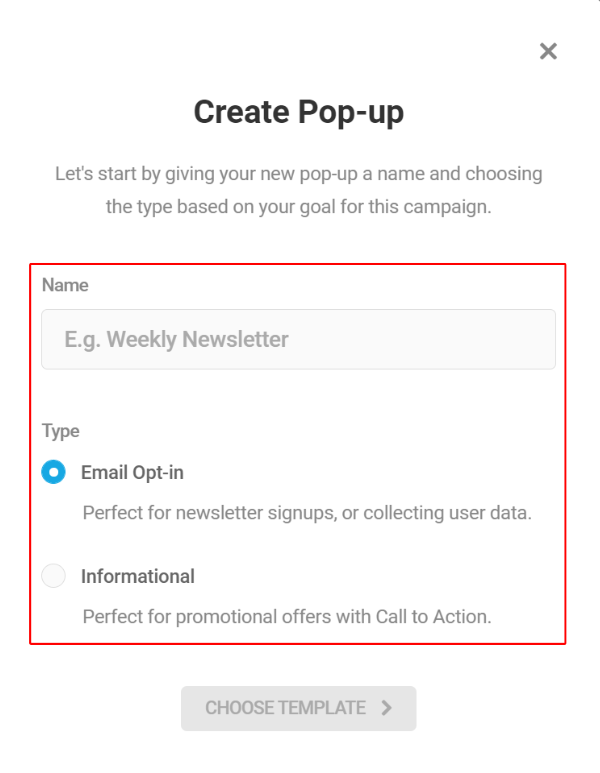 Create pop-up type email opt-in.