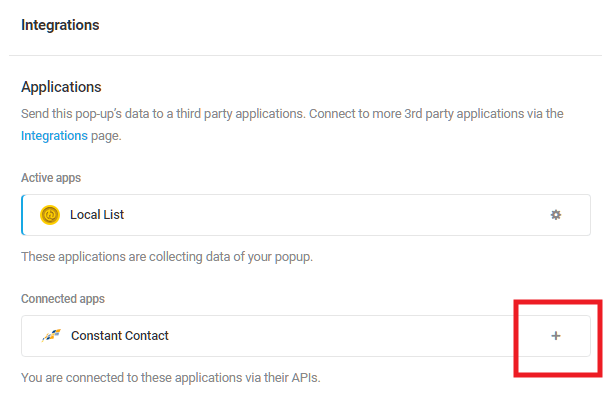 Select Constant Contact integrated app in Hustle opt-in module