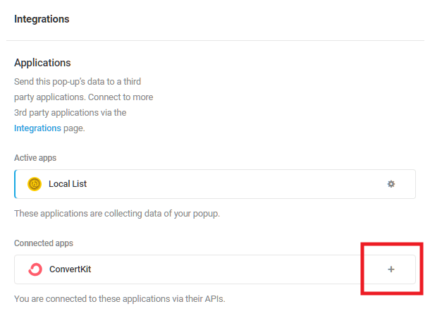 Select ConvertKit integrated app in Hustle opt-in module