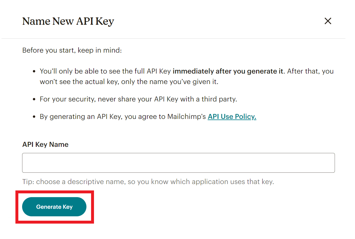 Name new Mailchimp API key for integration with Hustle