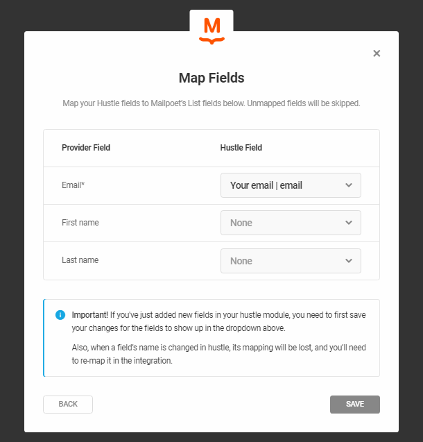 Map Mailpoet fields to Hustle opt-in module
