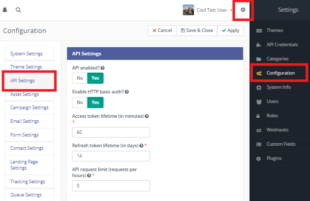 API and HTTP Basic Auth enabled in Mautic install