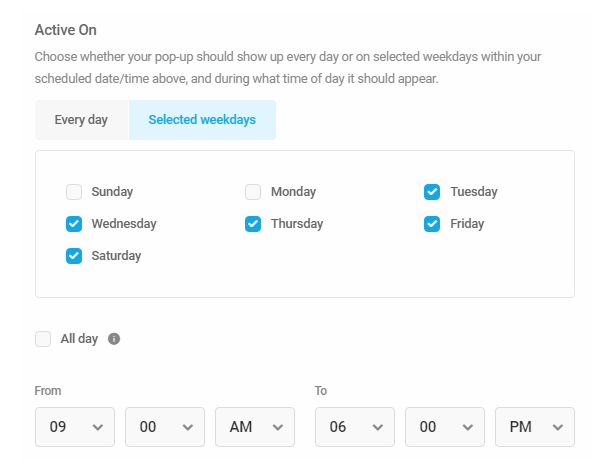 Adjust display days and times in Hustle module schedule
