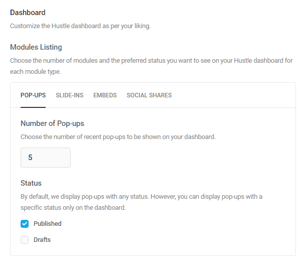 Dashboard screen options in Hustle settings