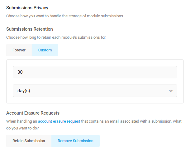 Submission data retention options in Hustle