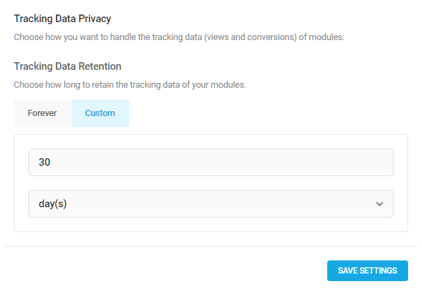 Conversion tracking data retention options in Hustle